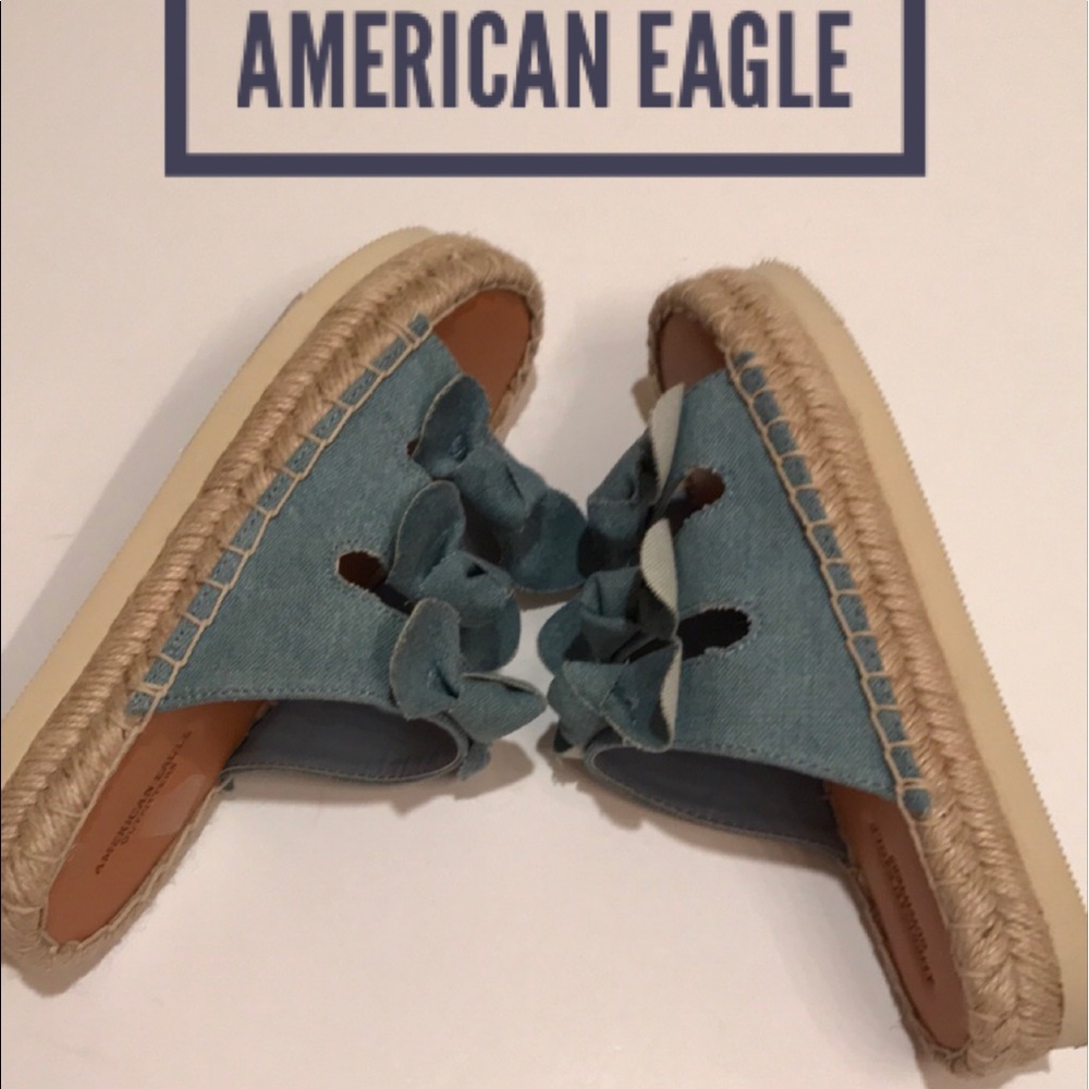 NWT American eagle denim bow wedge sandals 7 - Picture 1 of 12